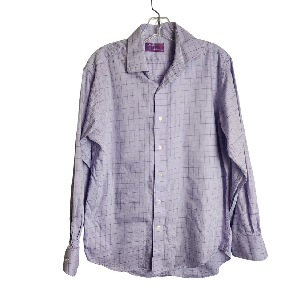 Lorenzo Uomo Mens Trim Fit Dress Shirt 15.5 32/33 Purple Windowpane Cotton L/S‎